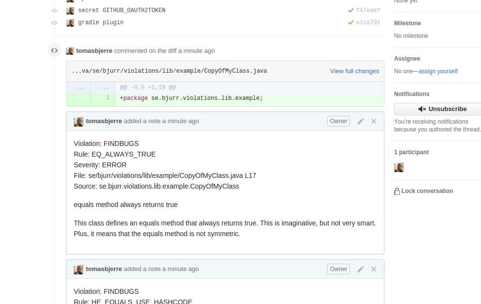 Violation comment in GitHub pull request